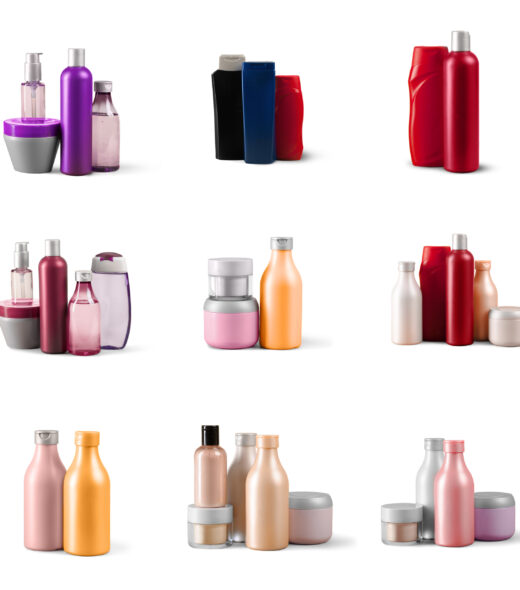 collection of cosmetic bottles isolated on white